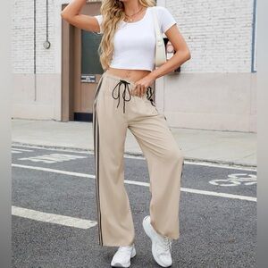 Women's Tan Wide-Leg Pants with Black Stripes- New